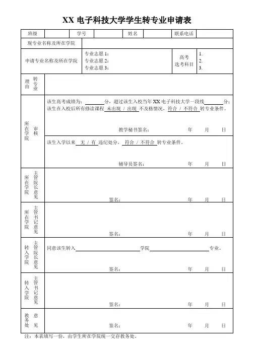 大学学生转专业申请表