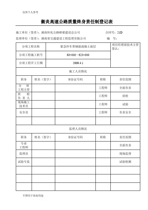 质量终身责任制登记表