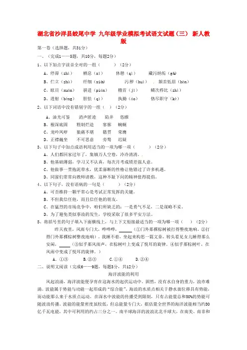 九年级语文学业模拟考试试题三新人教版