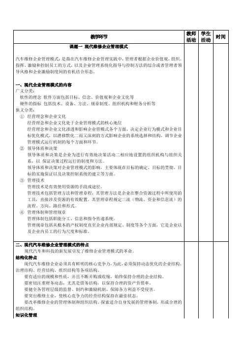 单元二--汽车维修企业管理模式与企业管理创新-课题一-现代维修企业管理模式
