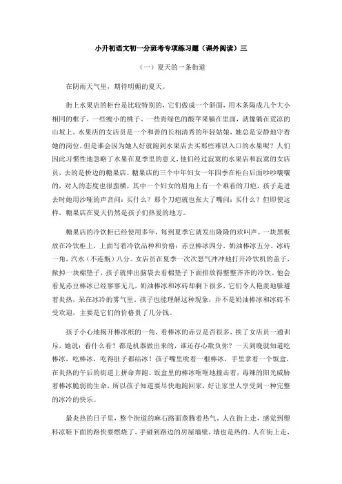 小升初语文初一分班考专项练习题(课外阅读)三【含答案】