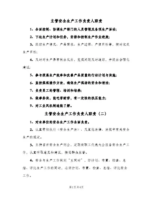 主管安全生产工作负责人职责(五篇)