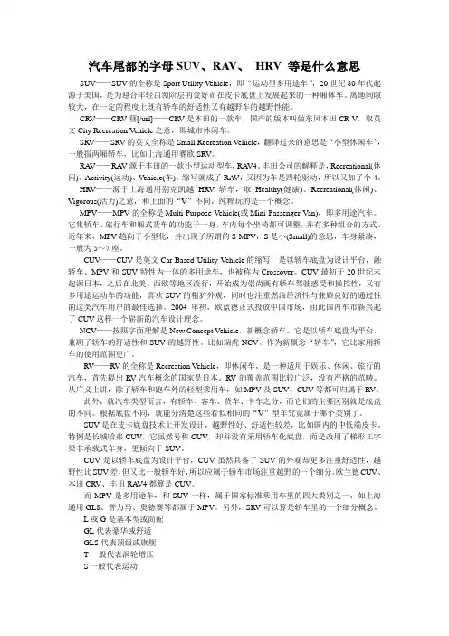 汽车尾部的字母SUV、RAV、 HRV 等是什么意思