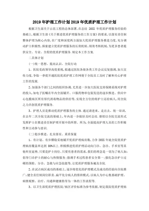 最新-2019年护理工作计划 2019年优质护理工作计划 精品