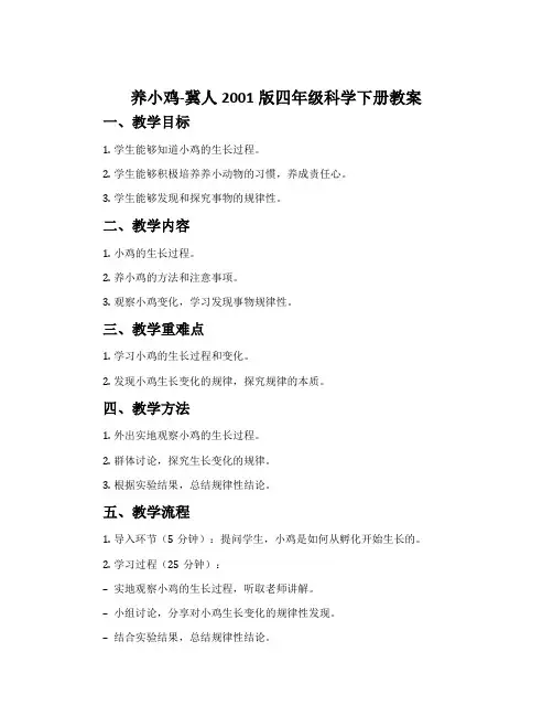 养小鸡-冀人2001版四年级科学下册教案