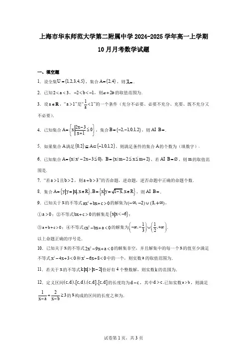 上海市华东师范大学第二附属中学2024-2025学年高一上学期10月月考数学试题