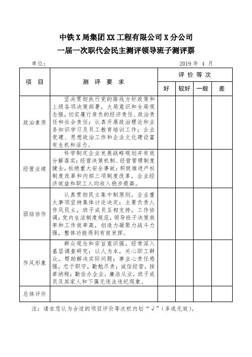 领导班子工作满意度测评表