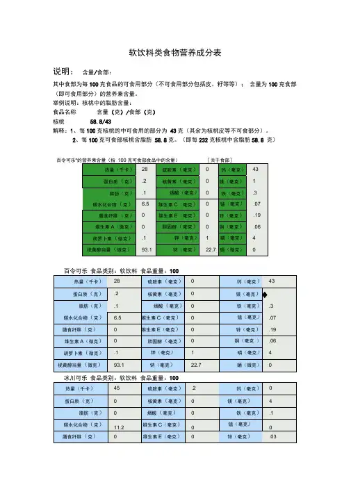 软饮料类食物营养成分表