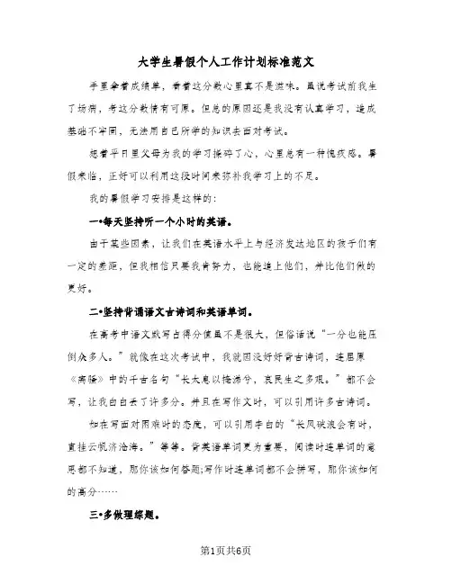 大学生暑假个人工作计划标准范文（3篇）