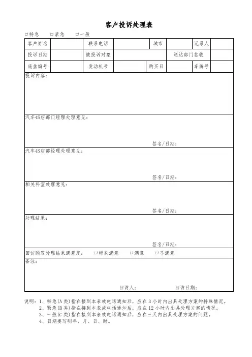 客户投诉处理表(4S店)
