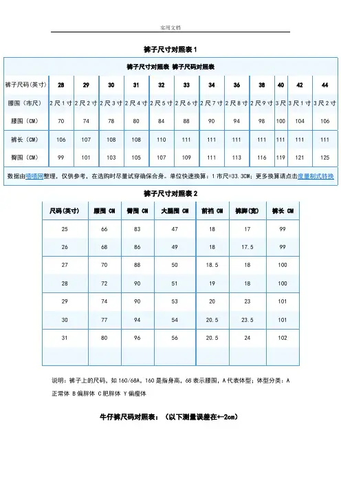 牛仔裤尺码对照表