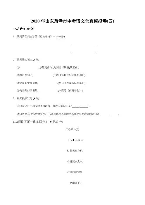 2020年山东菏泽市中考语文全真模拟卷(四)(解析版)