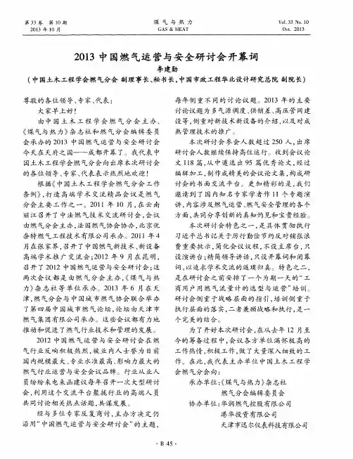 2013中国燃气运营与安全研讨会开幕词