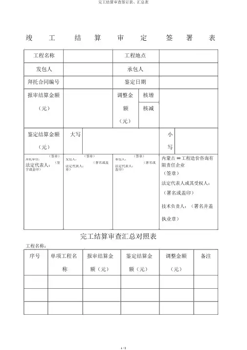 竣工结算审核签署表、汇总表