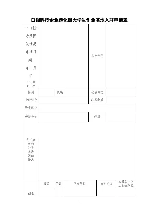 白银科技企业孵化器大学生创业孵化基地入驻申请表