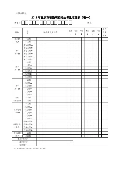 2013年重庆市普通高校招生考生志愿表样表