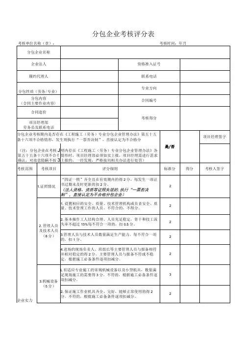 分包方考核评分表
