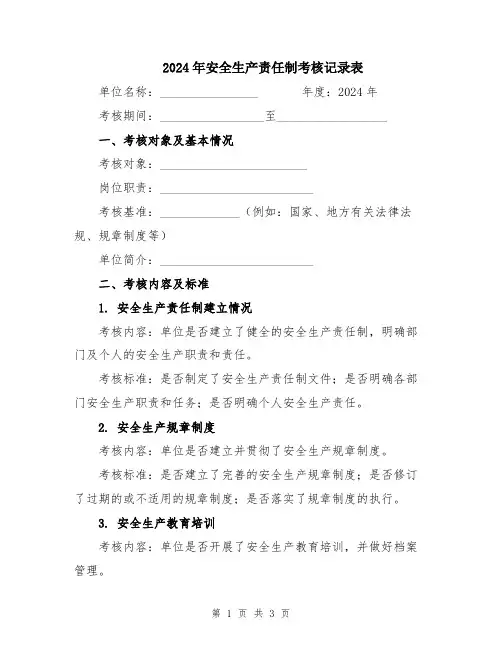 2024年安全生产责任制考核记录表