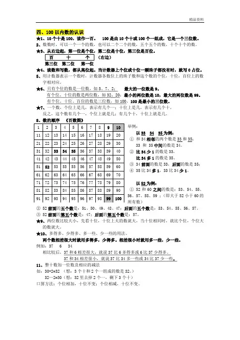 人教部编版一年级数学下册《100以内数的认识》知识归纳.doc