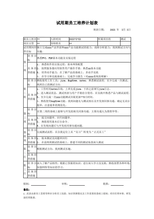 新员工培养计划表模板