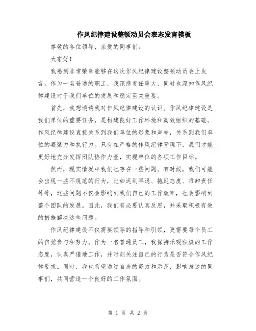 作风纪律建设整顿动员会表态发言模板