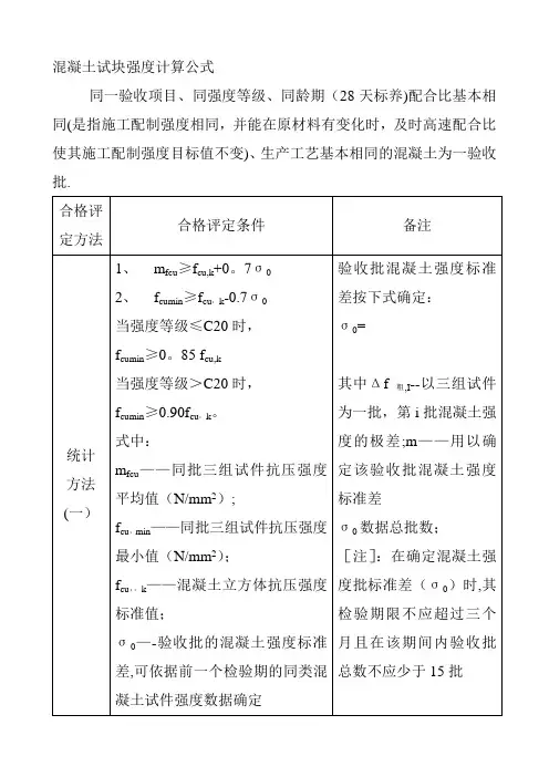 混凝土试块强度评定计算公式