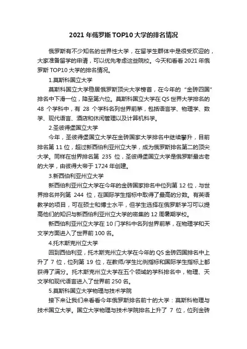 2021年俄罗斯TOP10大学的排名情况
