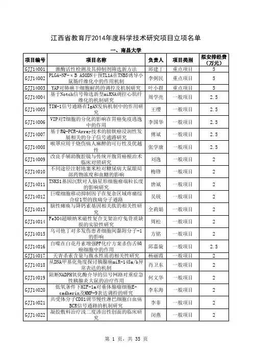 2014年度江西省教育厅科学技术研究项目立项名单