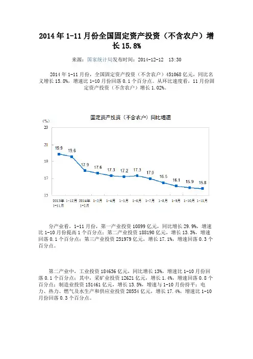 2014年1-11月份全国固定资产投资(不含农户)增长15.8%