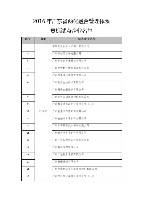 2016年广东省两化融合管理体系