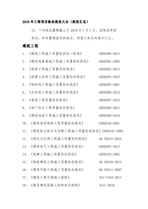 2018年工程项目验收规范大全