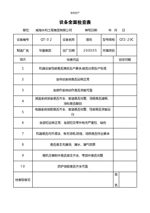 塔吊检查表 安全生产规范化安全管理台账企业管理应急预案安全制度
