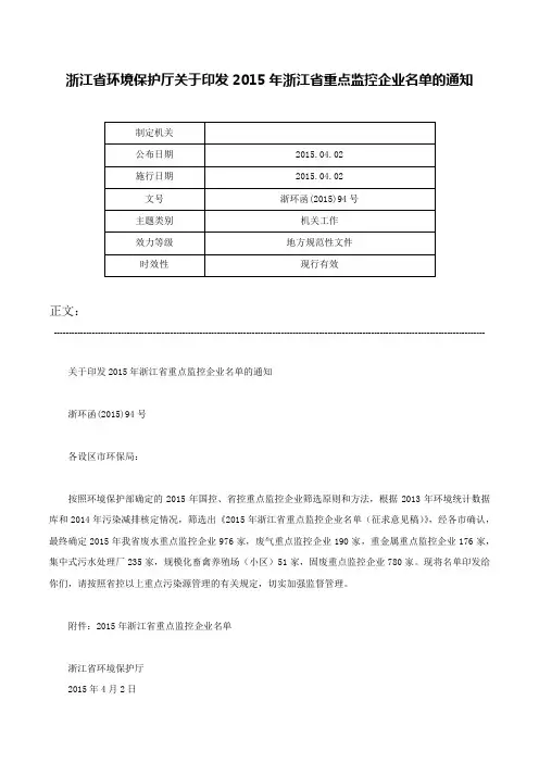 浙江省环境保护厅关于印发2015年浙江省重点监控企业名单的通知-浙环函(2015)94号