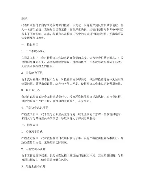 检讨书部门检查不认真