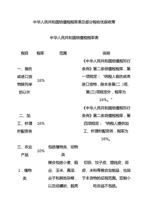 中华人民共和国增值税税率表及部分税收优惠政策