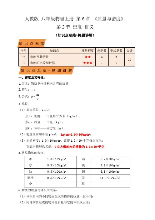 部编物理八年级上册6.2密度(知识点+例题)(解析版)含答案