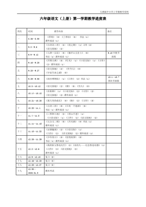最新部编人教版六年级语文上册教学计划及进度表