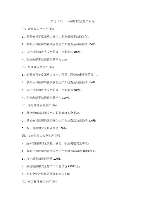 公司(工厂)各部门安全生产目标