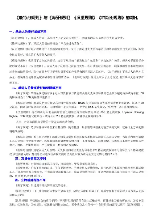 《海牙规则》、《汉堡规则》、《鹿特丹规则》、《维斯比规则》、的区别