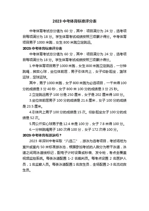 2023中考体育标准评分表