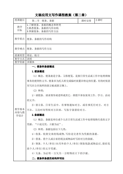 《文秘应用文写作》教案第二章  事务类文书 第二节  便条、条据