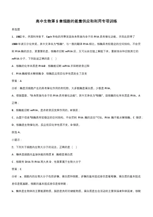 高中生物第5章细胞的能量供应和利用专项训练(带答案)