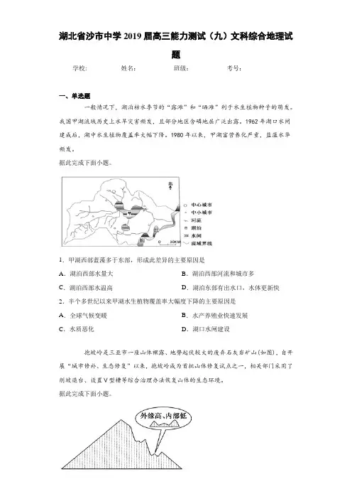 湖北省沙市中学2021届高三能力测试(九)文科综合地理试题