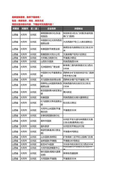 新版山西省大同市云冈区旅行社企业公司商家户名录单联系方式地址大全91家