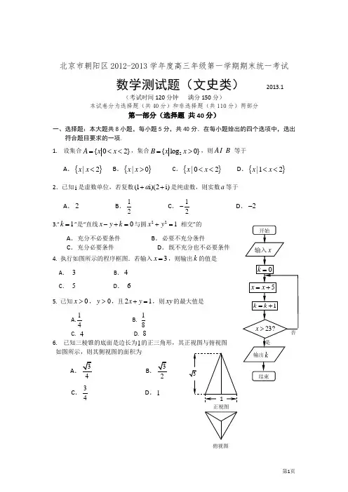 2013届北京市朝阳区高三期末数学文科试题(WORD精校版)