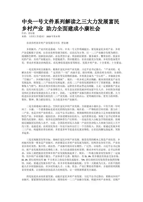 中央一号文件系列解读之三大力发展富民乡村产业 助力全面建成小康社会