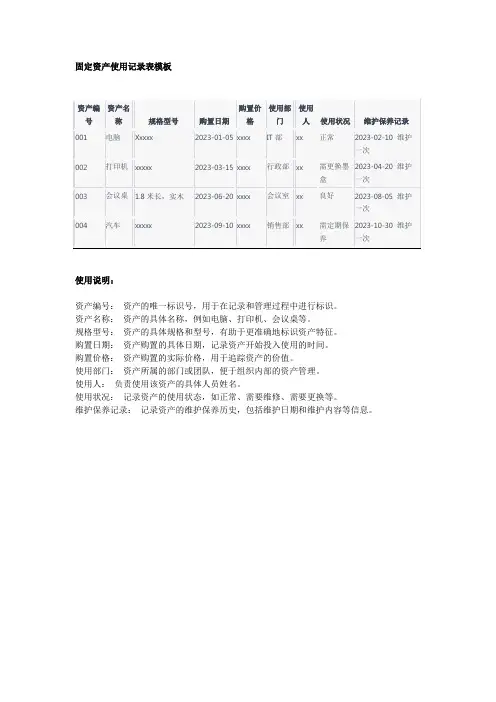 固定资产使用记录表模板
