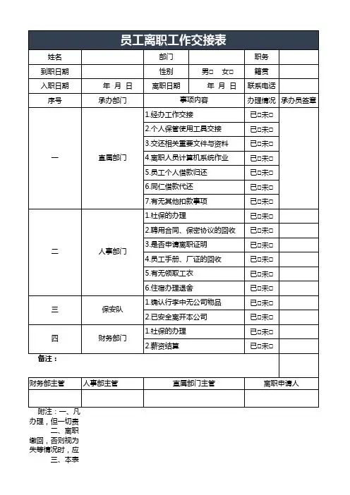 员工离职工作交接表