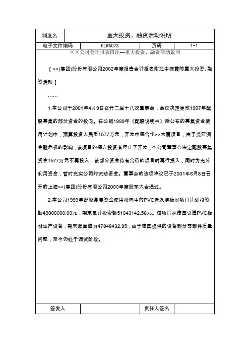 某公司重大投资、融资活动说明(doc 2页)