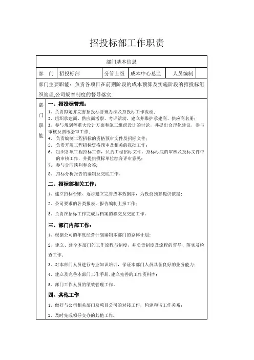 招投标部职责与岗位职能